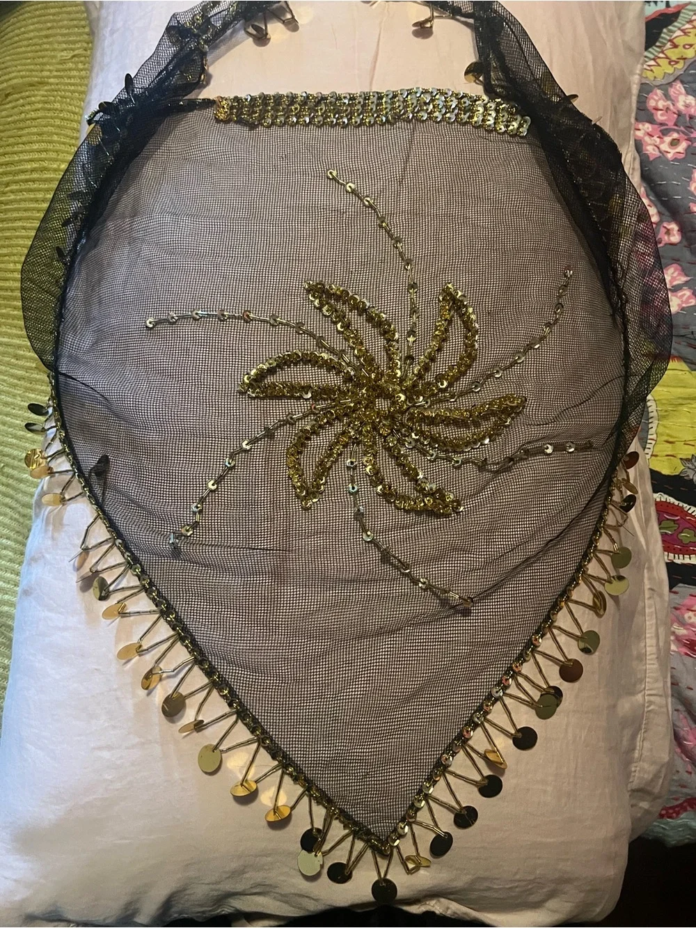 90s Bellydance Face Veil Deadstock Never Worn, Gold Sequin Sunburst, Mesh Mask
